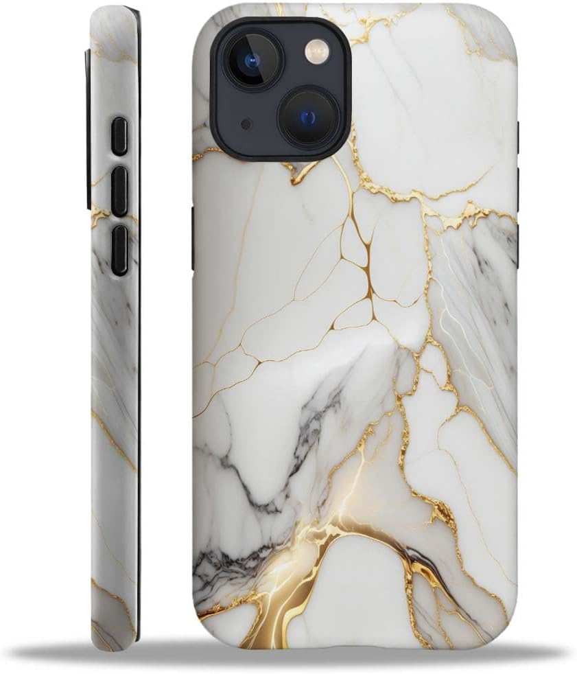 Phone Case Compatible with iPhone 14 Plus Case,Hybrid 2 Layer PC Hard Shell + Silicone Protective Case, White Gold Marble Scratch-Resistant Shockproof Cover for iPhone 14 Plus