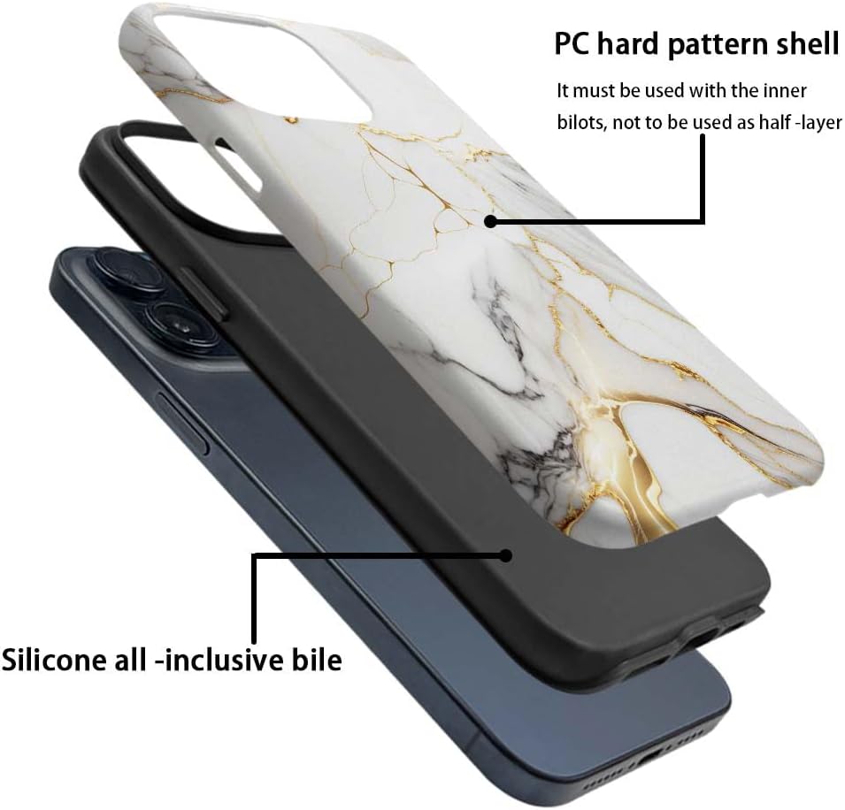 Phone Case Compatible with iPhone 14 Plus Case,Hybrid 2 Layer PC Hard Shell + Silicone Protective Case, White Gold Marble Scratch-Resistant Shockproof Cover for iPhone 14 Plus