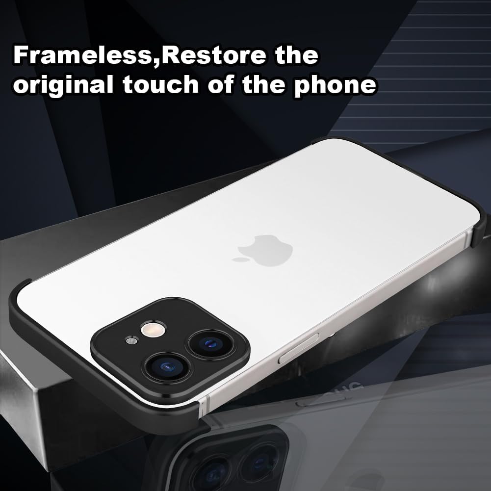 Design for Metal Frameless Phone Case Compatible with iPhone 12 Phone Models with Camera Lens Protector, Metal Shockproof Phone Cover, Minimalist Yet Protective Bumper Shell (Black Metal)