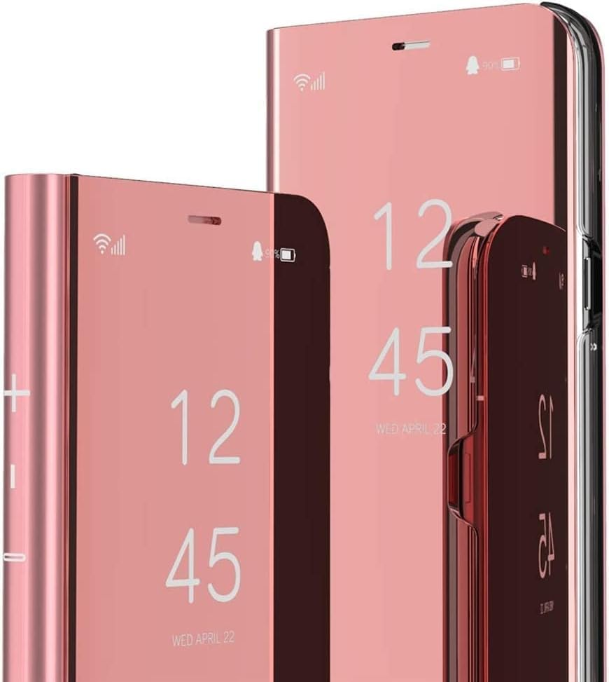 Mirror Case for Samsung Galaxy Z Fold 5 5G Case Clear View Makeup Leather Flip Cover, Galaxy Z Fold 5 5G Phone Case with Kickstand Shockproof Protective Case for Samsung Z Fold 5 5G Shell (Pink)