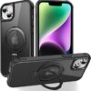 Magnetic Compatible with iPhone 14 Case with Stand [Military Grade Drop Tested][Compatible with Magnet] Ring Translucent Slim Hard Back Soft Edge, Rose Red