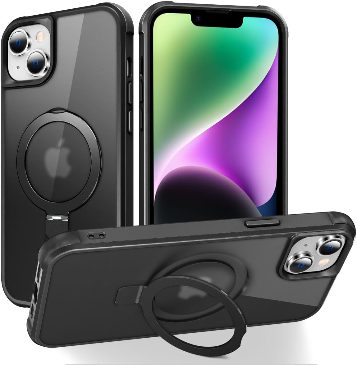 Magnetic Compatible with iPhone 14 Case with Stand [Military Grade Drop Tested][Compatible with Magnet] Ring Translucent Slim Hard Back Soft Edge, Rose Red