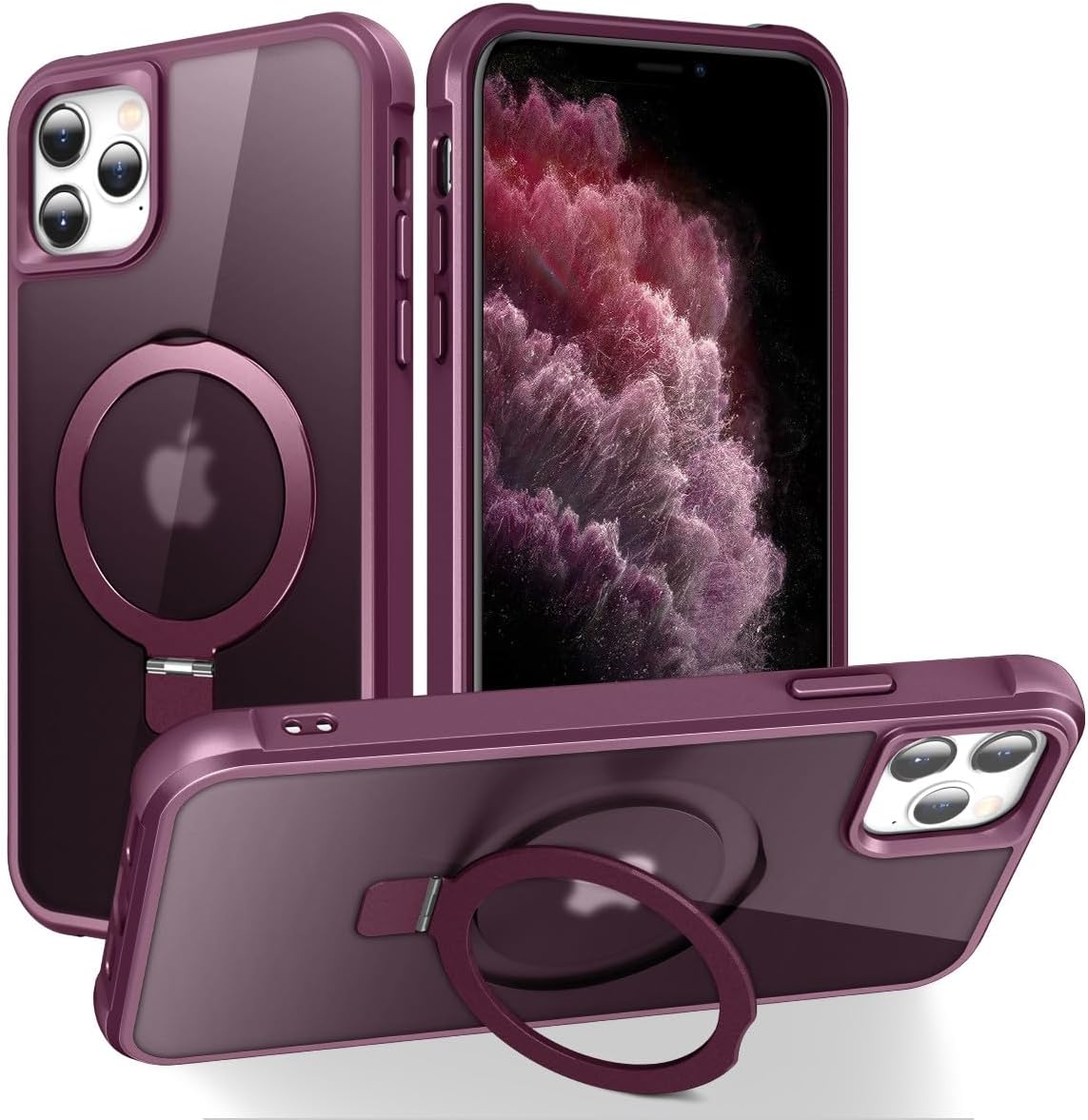 Magnetic Compatible with iPhone 14 Case with Stand [Military Grade Drop Tested][Compatible with Magnet] Ring Translucent Slim Hard Back Soft Edge, Rose Red