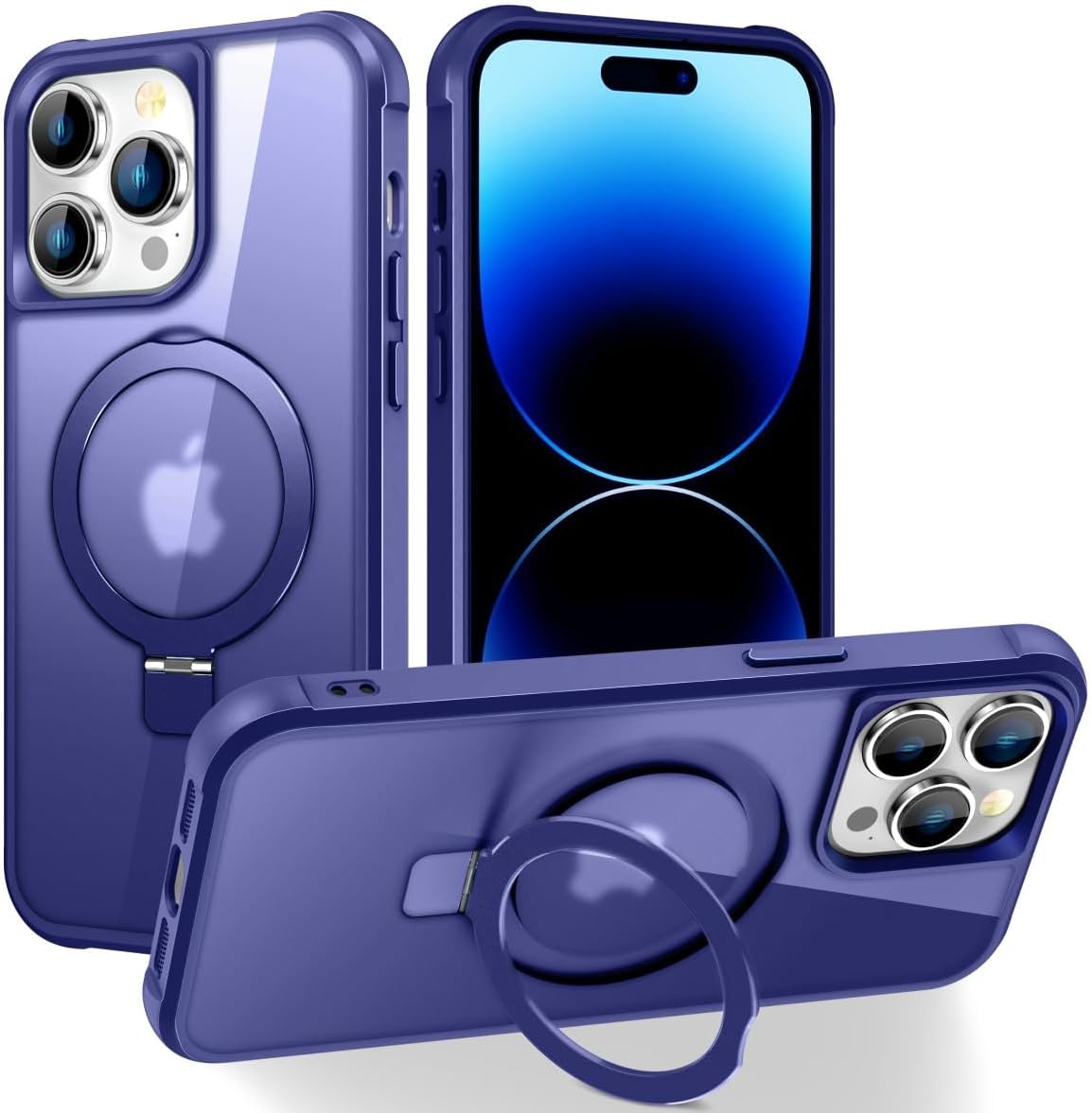 Magnetic Compatible with iPhone 14 Case with Stand [Military Grade Drop Tested][Compatible with Magnet] Ring Translucent Slim Hard Back Soft Edge, Rose Red