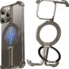 for iPhone Frameless Case with Magsafe, Magnetic Shockproof [Aerospace Grade Protection] Anti-Scratch Anti-Fingerprint Aluminum Shells with Built-in Kickstand (Natural Titanium, 15 pro max)