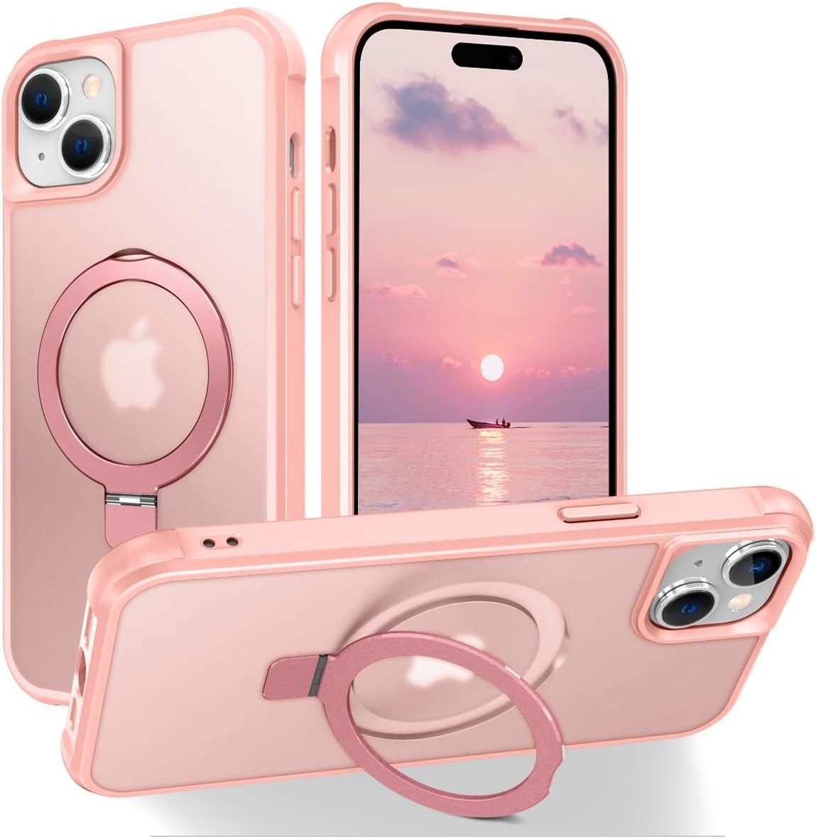 Magnetic Compatible with iPhone 14 Case with Stand [Military Grade Drop Tested][Compatible with Magnet] Ring Translucent Slim Hard Back Soft Edge, Rose Red