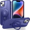 Magnetic Compatible with iPhone 14 Case with Stand [Military Grade Drop Tested][Compatible with Magnet] Ring Translucent Slim Hard Back Soft Edge, Rose Red