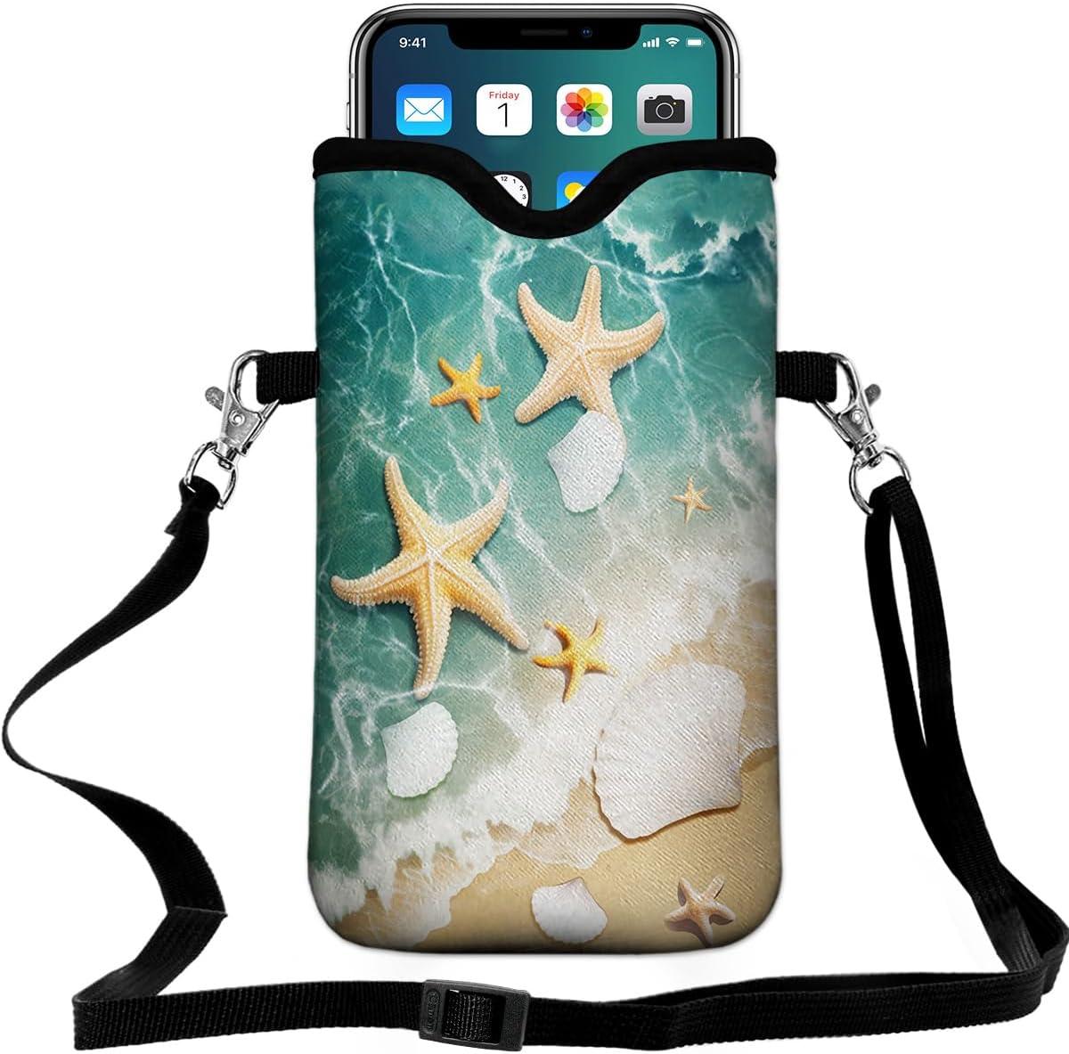 Universal Neoprene Cell Phone Pouch 7.1 X 4 in Mobile Protection Case Bag with Crossbody Strap/Neck Lanyard Beach Starfish Shells