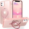 Magnetic Compatible with iPhone 14 Case with Stand [Military Grade Drop Tested][Compatible with Magnet] Ring Translucent Slim Hard Back Soft Edge, Rose Red