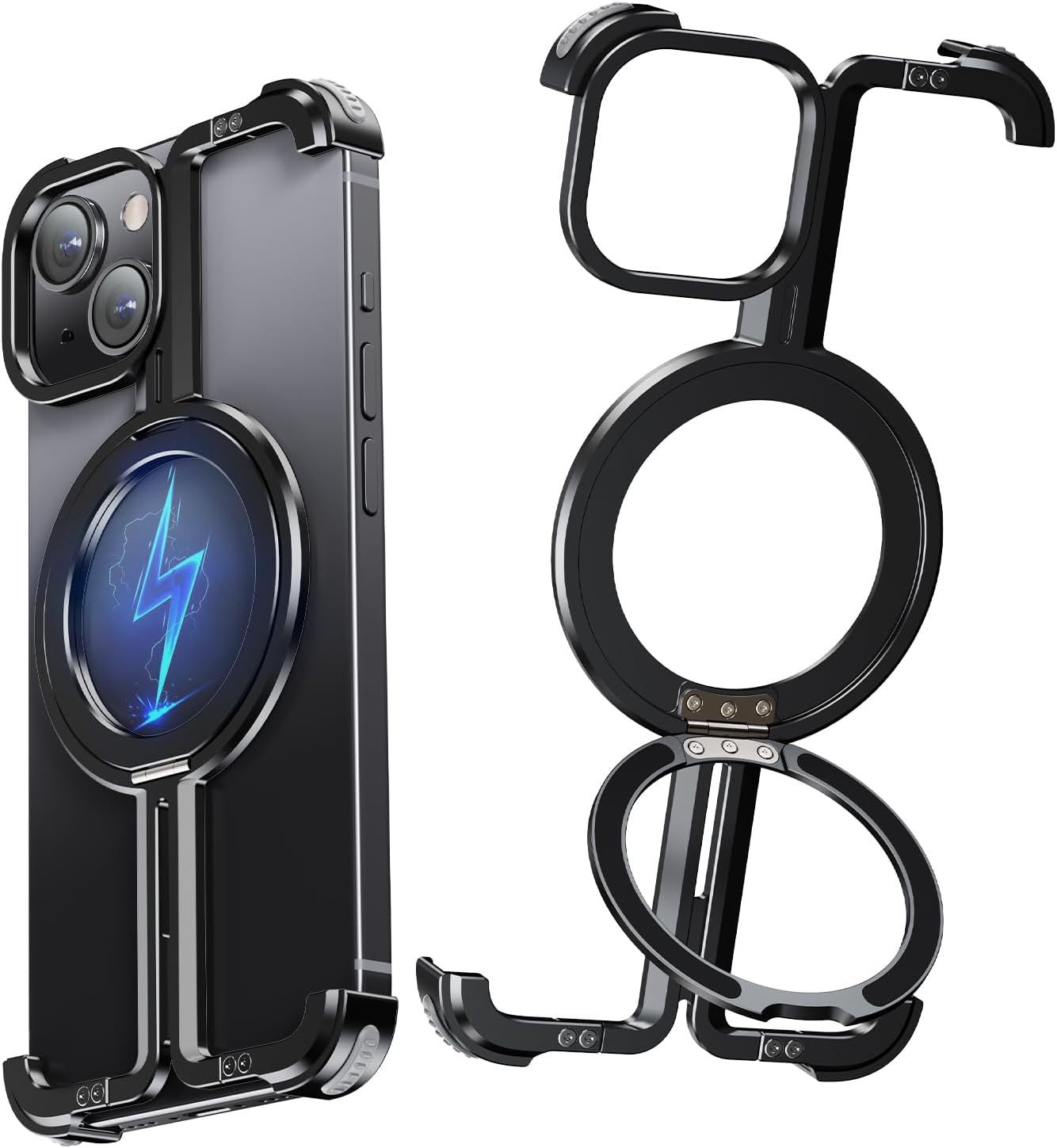 for iPhone Frameless Case with Magsafe, Magnetic Shockproof [Aerospace Grade Protection] Anti-Scratch Anti-Fingerprint Aluminum Shells with Built-in Kickstand (Natural Titanium, 15 pro max)