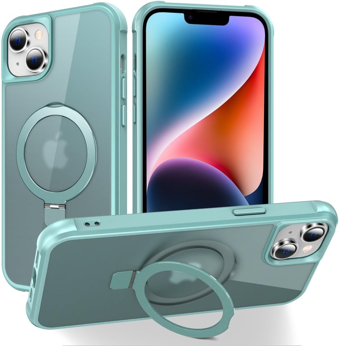 Magnetic Compatible with iPhone 14 Case with Stand [Military Grade Drop Tested][Compatible with Magnet] Ring Translucent Slim Hard Back Soft Edge, Rose Red