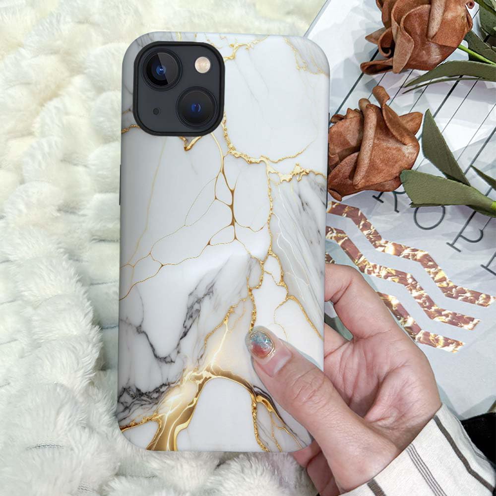 Phone Case Compatible with iPhone 14 Plus Case,Hybrid 2 Layer PC Hard Shell + Silicone Protective Case, White Gold Marble Scratch-Resistant Shockproof Cover for iPhone 14 Plus