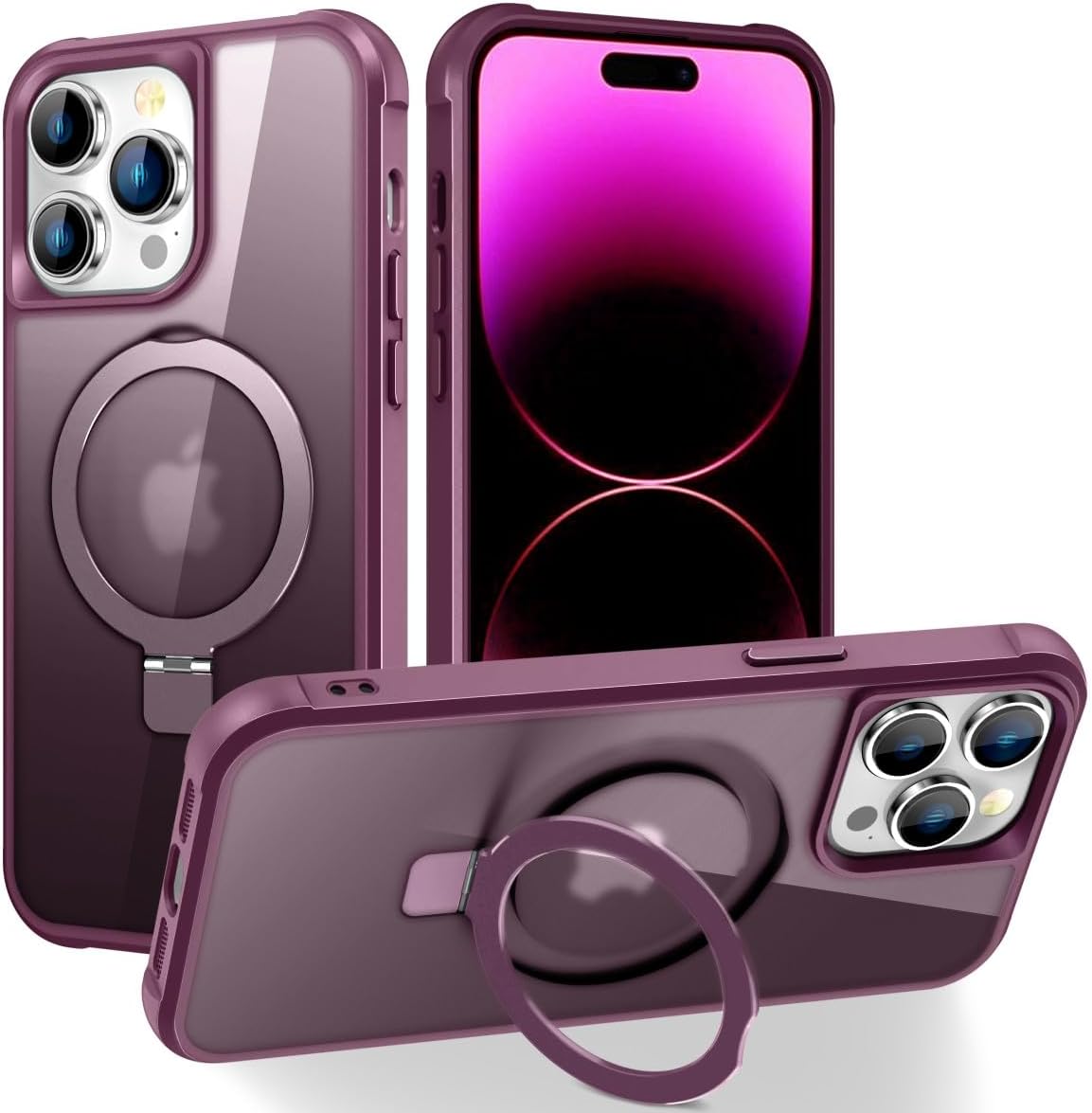 Magnetic Compatible with iPhone 14 Case with Stand [Military Grade Drop Tested][Compatible with Magnet] Ring Translucent Slim Hard Back Soft Edge, Rose Red