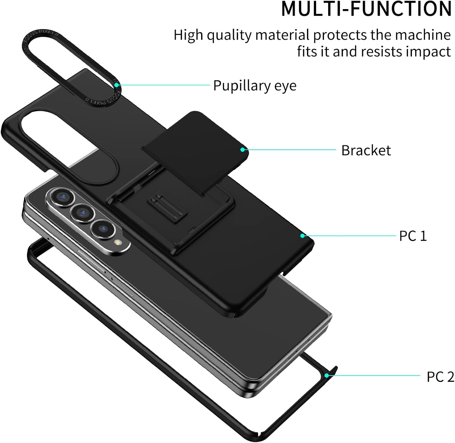 Case for Samsung Galaxy Z Fold 4, [Adjustable Bracket] Shockproof PC Shell with Lens Protection Cell Phone Cover, Black