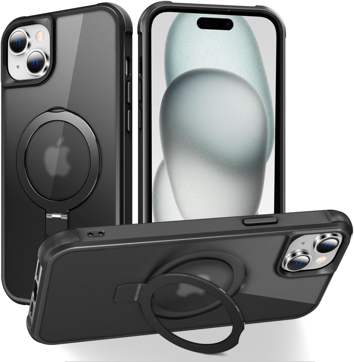 Magnetic Compatible with iPhone 14 Case with Stand [Military Grade Drop Tested][Compatible with Magnet] Ring Translucent Slim Hard Back Soft Edge, Rose Red
