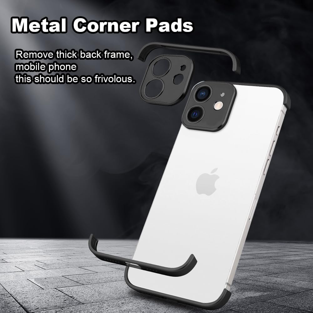 Design for Metal Frameless Phone Case Compatible with iPhone 12 Phone Models with Camera Lens Protector, Metal Shockproof Phone Cover, Minimalist Yet Protective Bumper Shell (Black Metal)