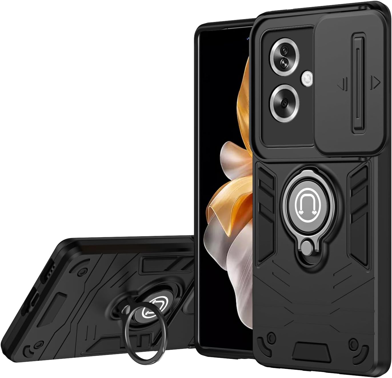 Compatible with 11 F 5G / F25 Pro 5G Bracket Shell,Camera Lens Protection Kickstand Car Mount 2 in 1 Anti-Fall Phone Case Cover Black