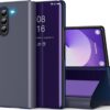 Galaxy Z Fold 6 Cover Cases Compatible with Samsung Z Fold 6 Flip Cell Phone Case Clear View Mirror Flip Cover PU Leather with Kickstand Protective Cover for Samsung Galaxy Z Fold 6 (Purple)