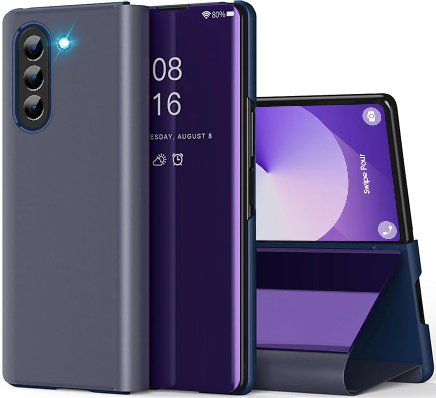Galaxy Z Fold 6 Cover Cases Compatible with Samsung Z Fold 6 Flip Cell Phone Case Clear View Mirror Flip Cover PU Leather with Kickstand Protective Cover for Samsung Galaxy Z Fold 6 (Purple)