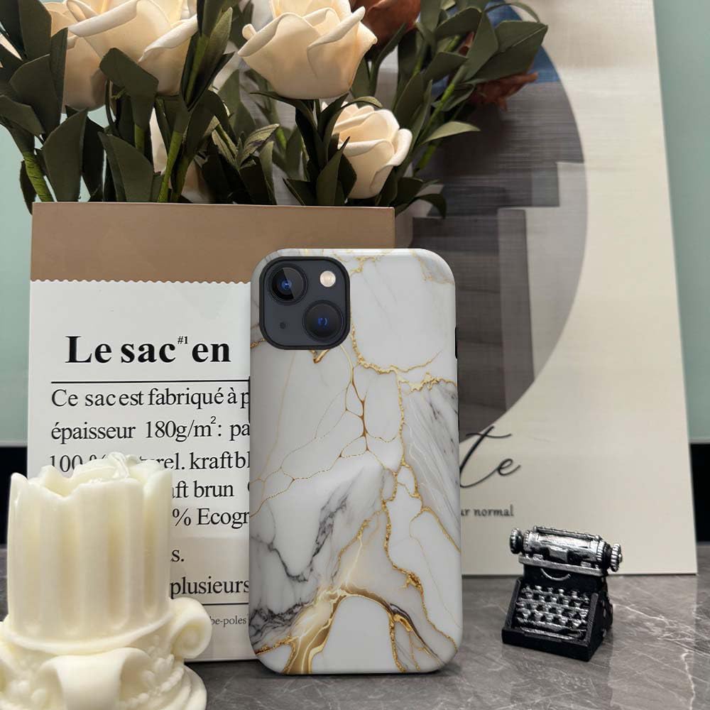 Phone Case Compatible with iPhone 14 Plus Case,Hybrid 2 Layer PC Hard Shell + Silicone Protective Case, White Gold Marble Scratch-Resistant Shockproof Cover for iPhone 14 Plus