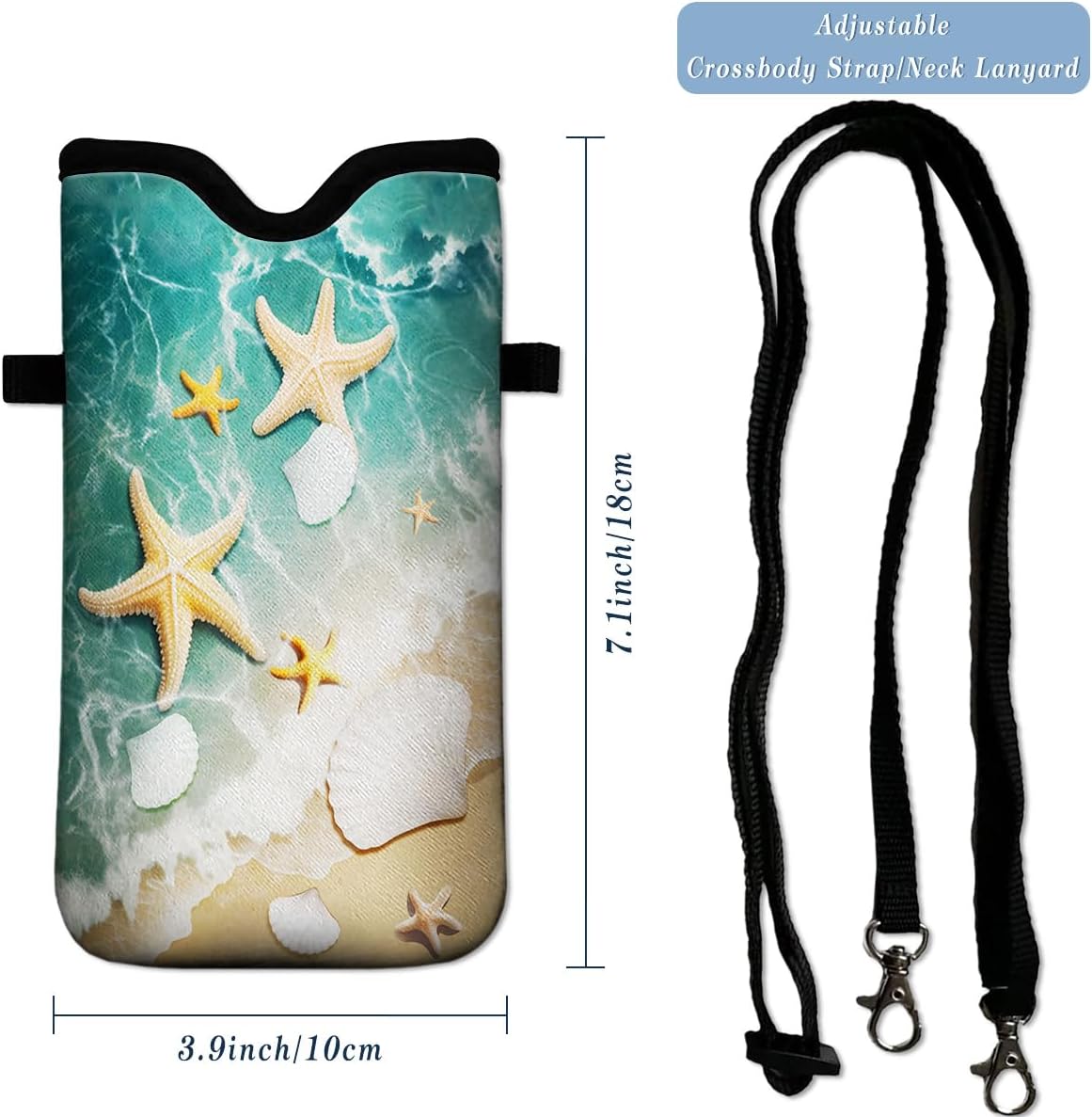 Universal Neoprene Cell Phone Pouch 7.1 X 4 in Mobile Protection Case Bag with Crossbody Strap/Neck Lanyard Beach Starfish Shells