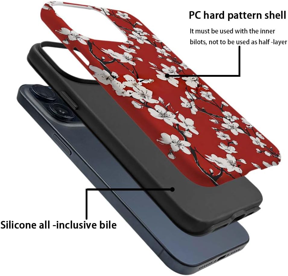 Phone Case Compatible with iPhone 14 Pro Max Case,Hybrid 2 Layer PC Hard Shell + Silicone Protective Case, Vintage Red Cherry Blossom Scratch-Resistant Shockproof Cover for iPhone 14 Pro Max