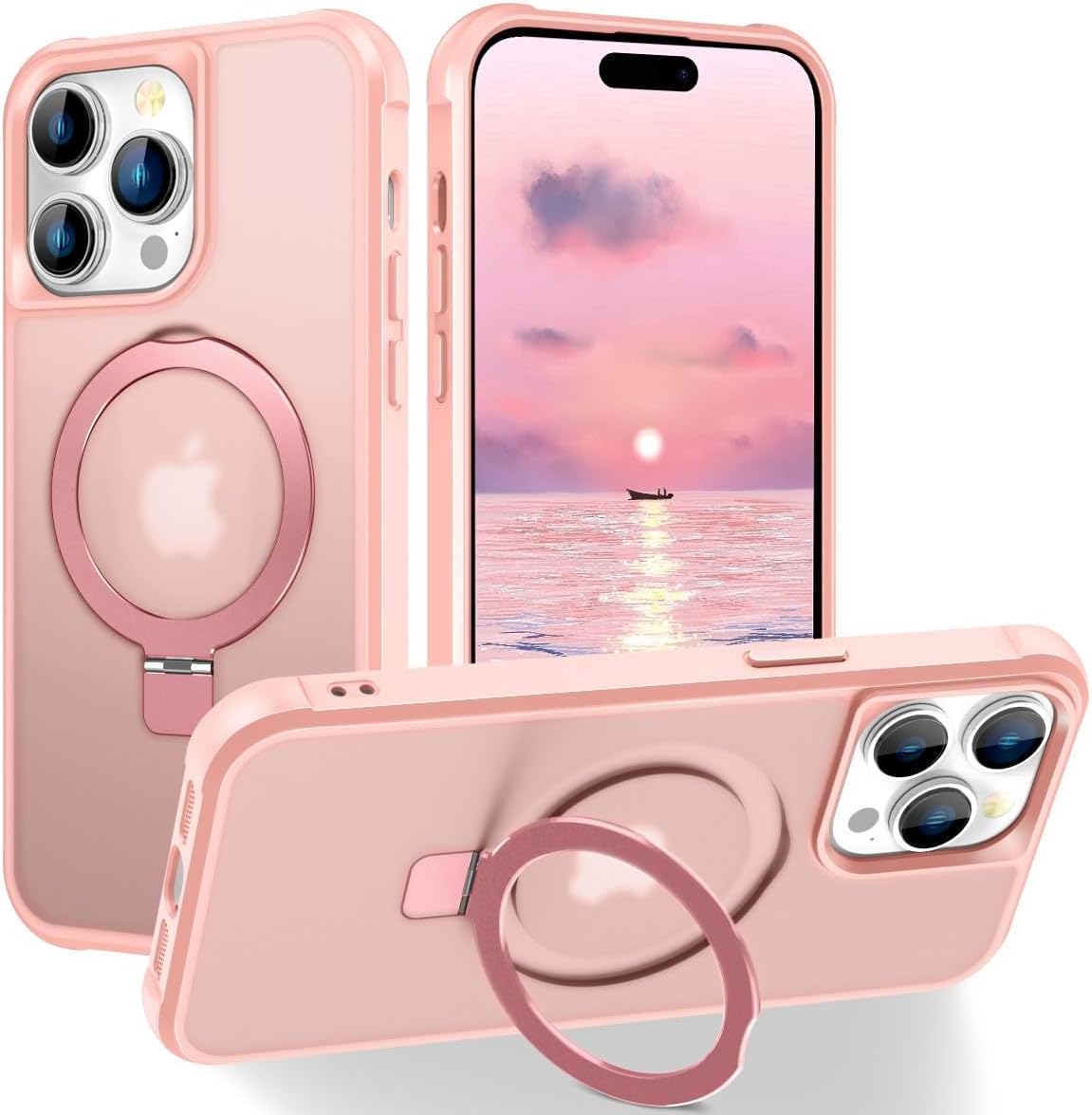 Magnetic Compatible with iPhone 14 Case with Stand [Military Grade Drop Tested][Compatible with Magnet] Ring Translucent Slim Hard Back Soft Edge, Rose Red