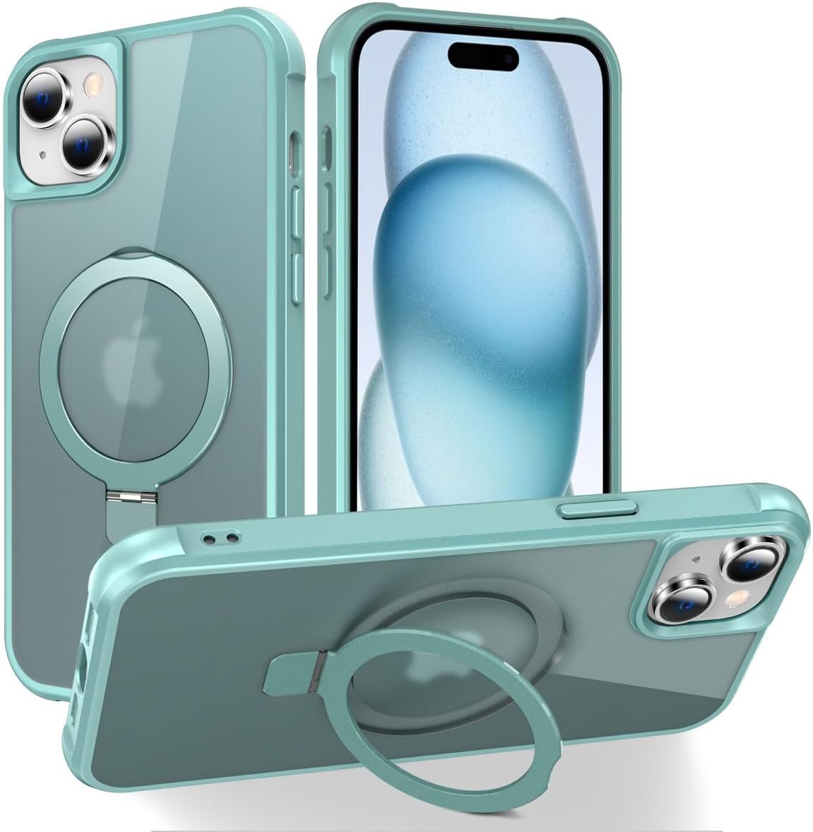 Magnetic Compatible with iPhone 14 Case with Stand [Military Grade Drop Tested][Compatible with Magnet] Ring Translucent Slim Hard Back Soft Edge, Rose Red