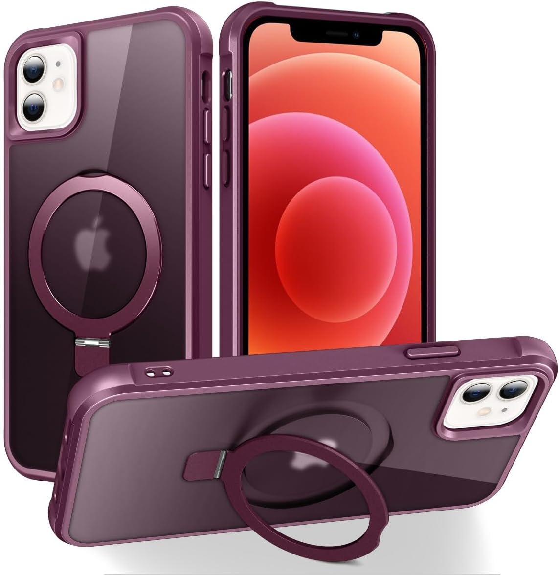 Magnetic Compatible with iPhone 14 Case with Stand [Military Grade Drop Tested][Compatible with Magnet] Ring Translucent Slim Hard Back Soft Edge, Rose Red