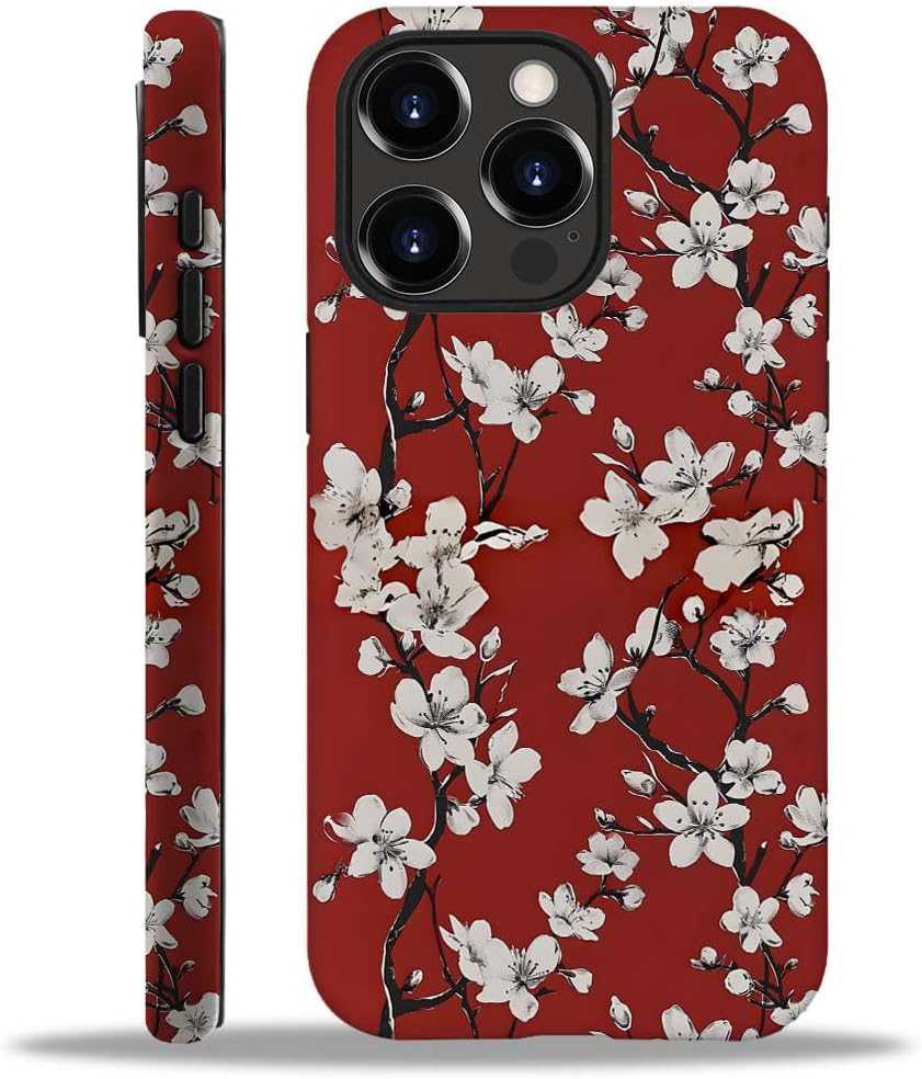 Phone Case Compatible with iPhone 14 Pro Max Case,Hybrid 2 Layer PC Hard Shell + Silicone Protective Case, Vintage Red Cherry Blossom Scratch-Resistant Shockproof Cover for iPhone 14 Pro Max