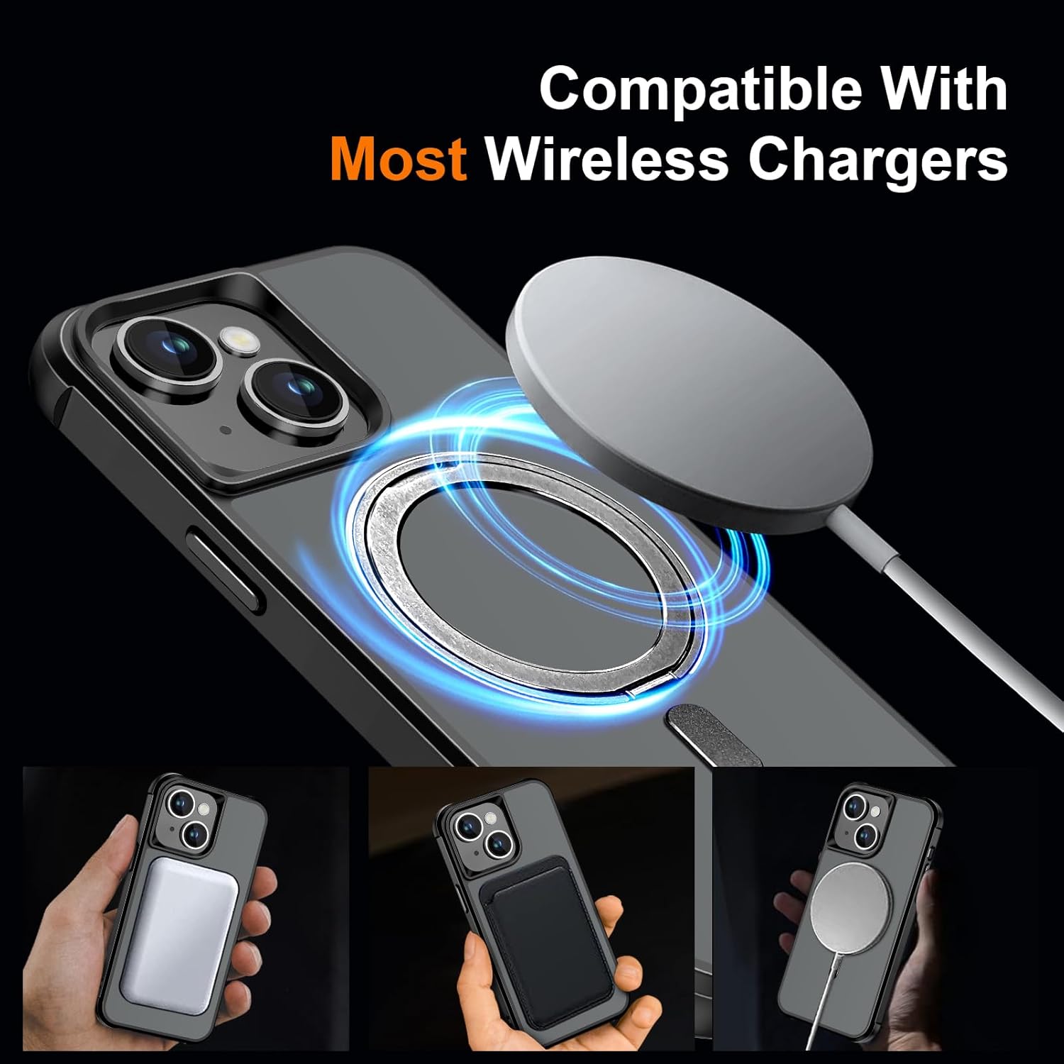 Magnetic for iPhone 13 case/iPhone 14 Case 【Compatible with Magsafe】 with 360°Rotatable Invisible Ring Stand【Military Grade Shockproof】 Matte Back Soft Edge Phone Cover 6.1", Black