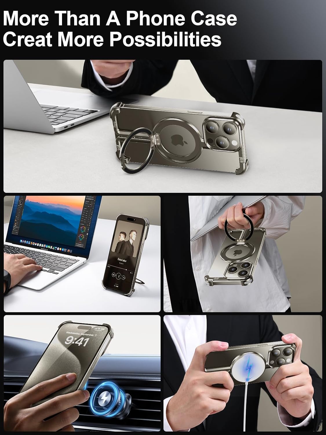 for iPhone Frameless Case with Magsafe, Magnetic Shockproof [Aerospace Grade Protection] Anti-Scratch Anti-Fingerprint Aluminum Shells with Built-in Kickstand (Natural Titanium, 15 pro max)