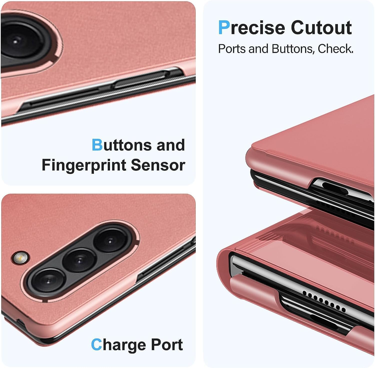 Mirror Case for Samsung Galaxy Z Fold 5 5G Case Clear View Makeup Leather Flip Cover, Galaxy Z Fold 5 5G Phone Case with Kickstand Shockproof Protective Case for Samsung Z Fold 5 5G Shell (Pink)