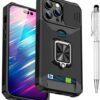 Compatible for iPhone 15 Pro TPU Case with Camera Protector | 360° Rotatable Ring Holder | Impact-Resistant Slide Len Cover | Magnetic Card Slots Stand Protective Shell with Stylus Pen | Purple