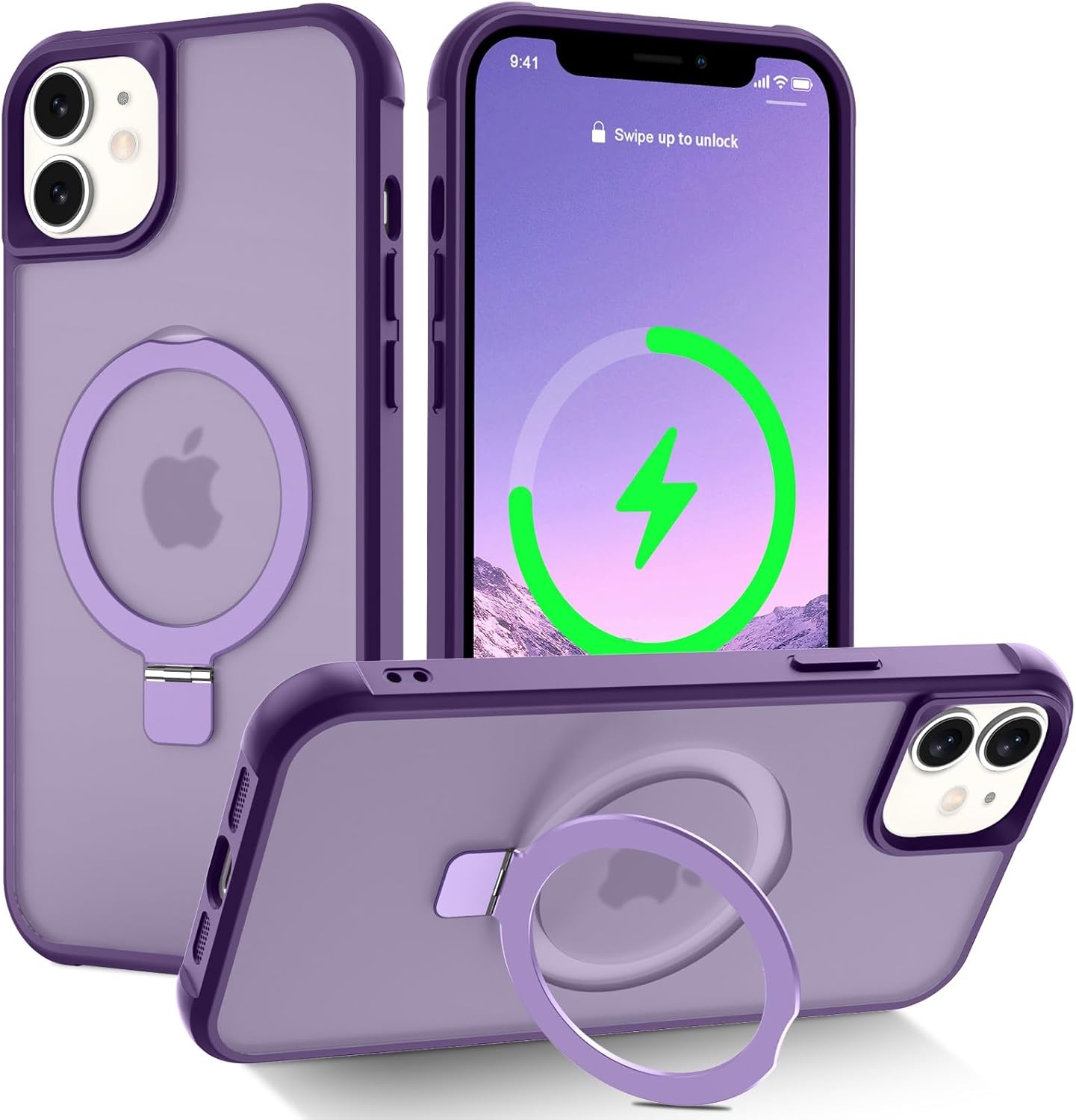 Magnetic Compatible with iPhone 14 Case with Stand [Military Grade Drop Tested][Compatible with Magnet] Ring Translucent Slim Hard Back Soft Edge, Rose Red