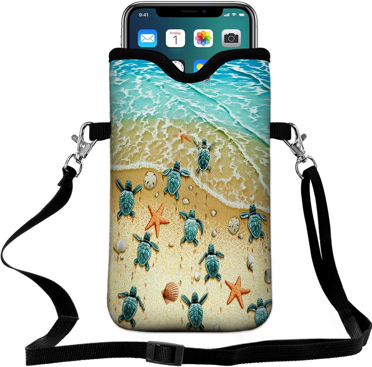 Universal Neoprene Cell Phone Pouch 7.1 X 4 in Mobile Protection Case Bag with Crossbody Strap/Neck Lanyard Beach Starfish Shells