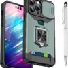 Compatible for iPhone 15 Pro TPU Case with Camera Protector | 360° Rotatable Ring Holder | Impact-Resistant Slide Len Cover | Magnetic Card Slots Stand Protective Shell with Stylus Pen | Purple