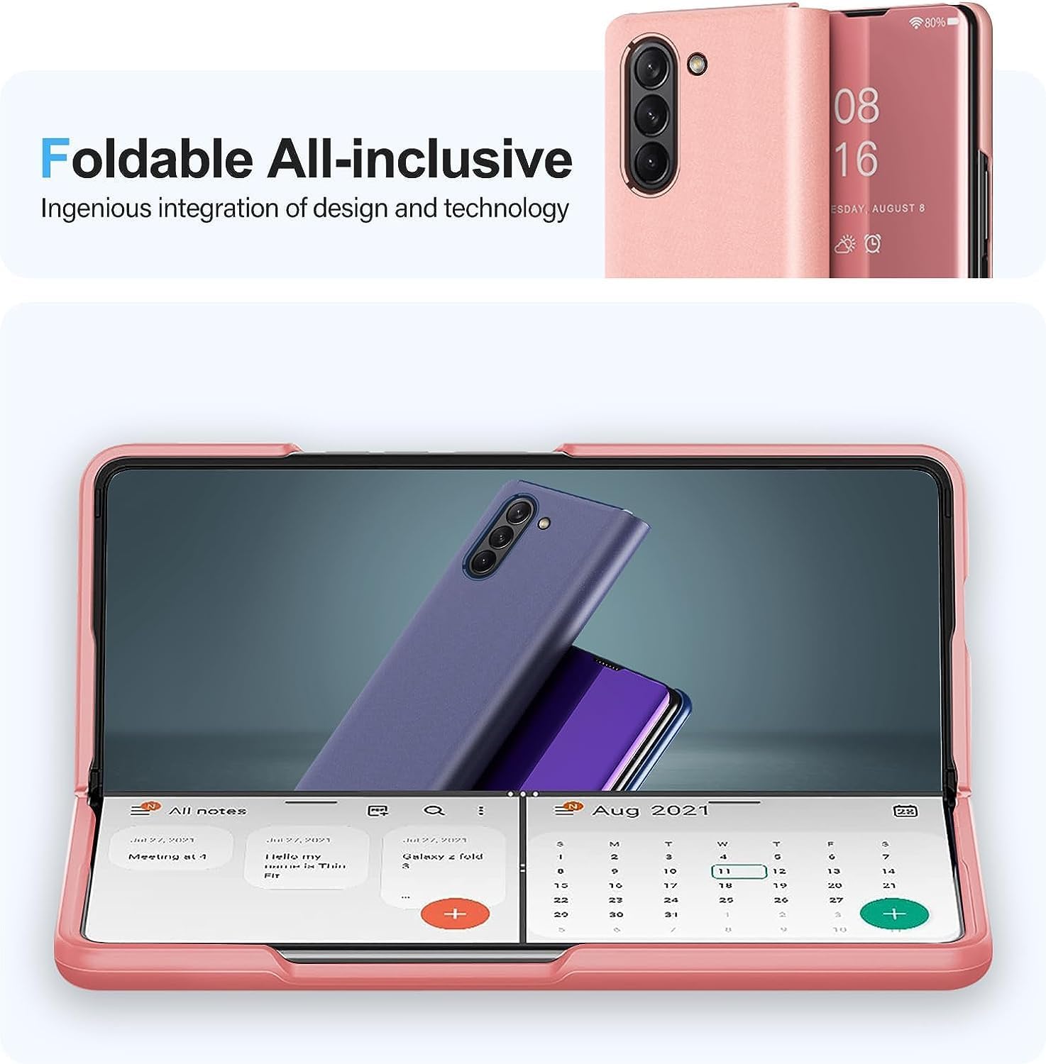 Mirror Case for Samsung Galaxy Z Fold 5 5G Case Clear View Makeup Leather Flip Cover, Galaxy Z Fold 5 5G Phone Case with Kickstand Shockproof Protective Case for Samsung Z Fold 5 5G Shell (Pink)