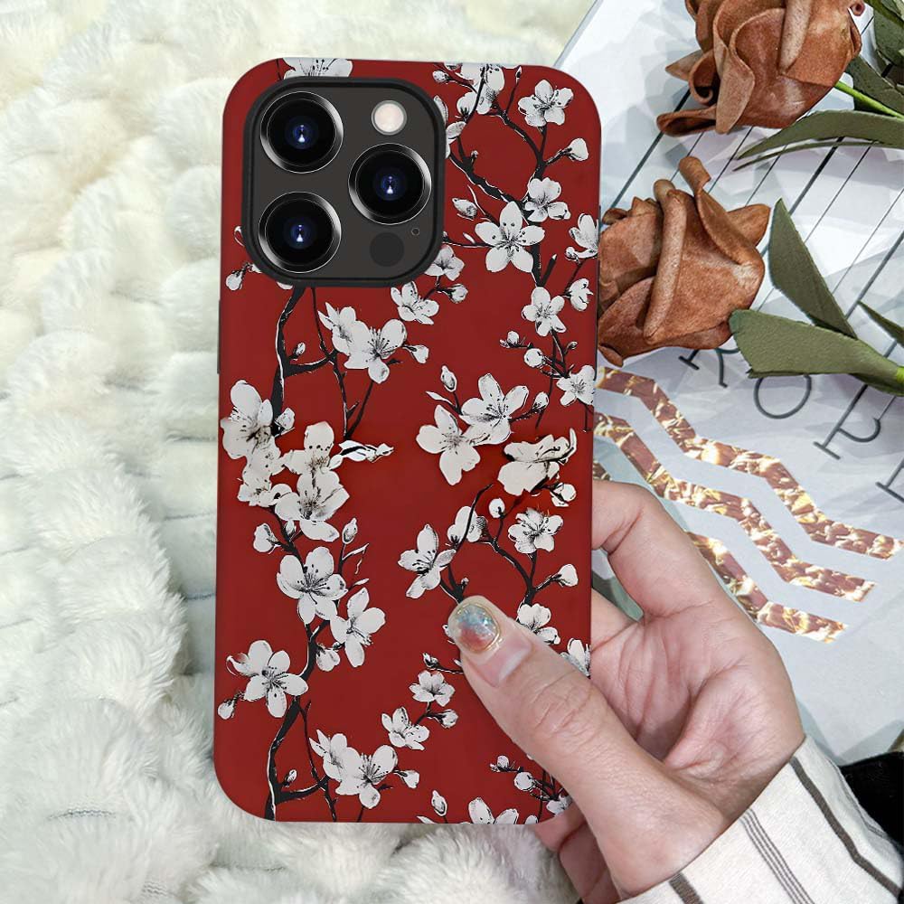 Phone Case Compatible with iPhone 14 Pro Max Case,Hybrid 2 Layer PC Hard Shell + Silicone Protective Case, Vintage Red Cherry Blossom Scratch-Resistant Shockproof Cover for iPhone 14 Pro Max