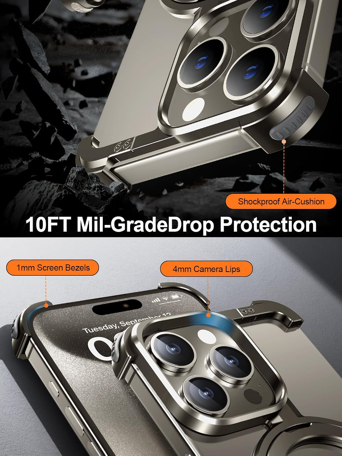 for iPhone Frameless Case with Magsafe, Magnetic Shockproof [Aerospace Grade Protection] Anti-Scratch Anti-Fingerprint Aluminum Shells with Built-in Kickstand (Natural Titanium, 15 pro max)