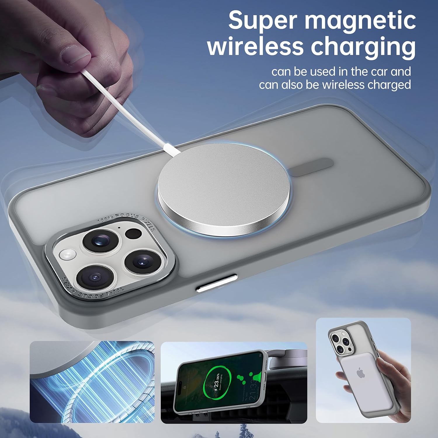 for iPhone15 Pro max Case Magnetic Translucent Matte Back Cover Military Grade Protection Shockproof Shell Full Body [Compatible with MagSafe]Slim Cell Phone Case - blue (Black, iPhone15 Pro Max)