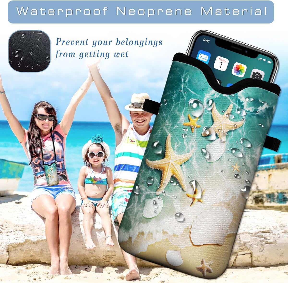 Universal Neoprene Cell Phone Pouch 7.1 X 4 in Mobile Protection Case Bag with Crossbody Strap/Neck Lanyard Beach Starfish Shells