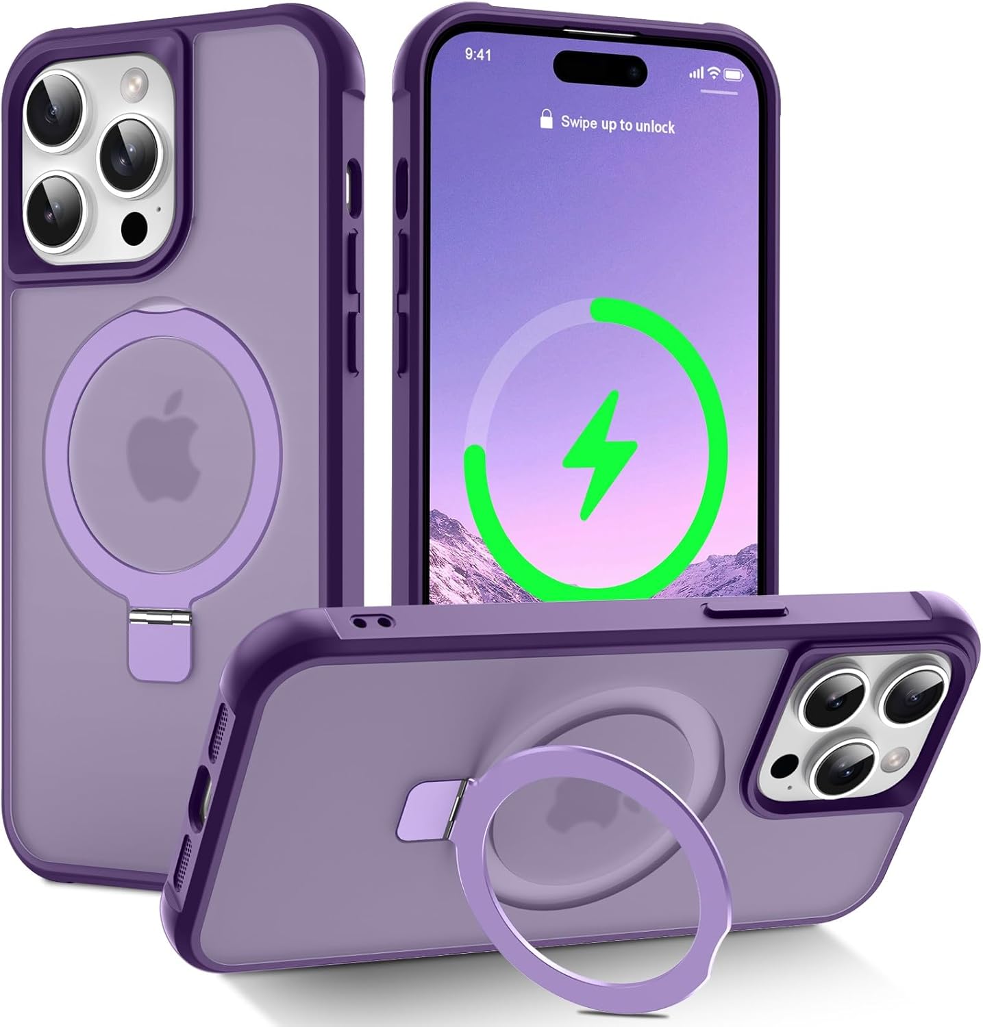 Magnetic Compatible with iPhone 14 Case with Stand [Military Grade Drop Tested][Compatible with Magnet] Ring Translucent Slim Hard Back Soft Edge, Rose Red
