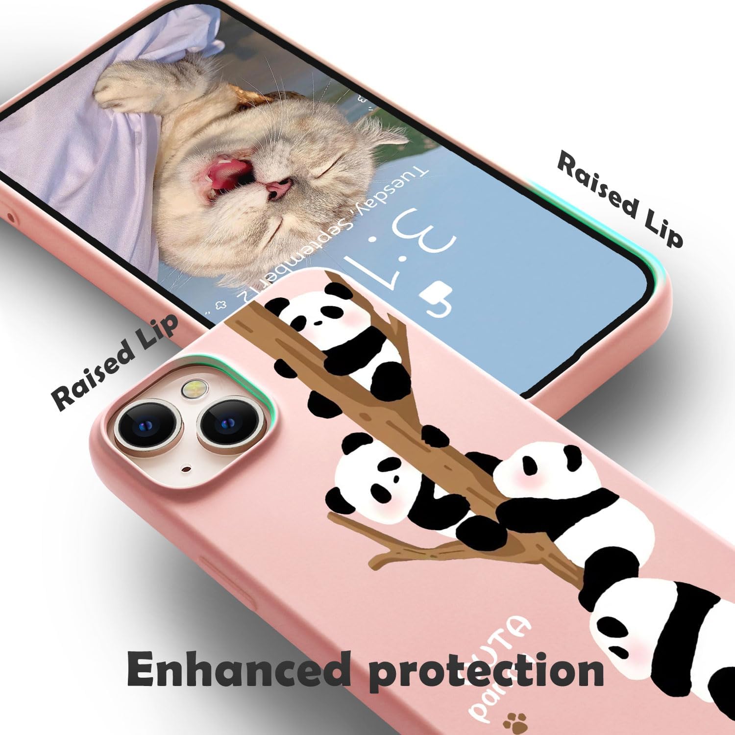 for iPhone 13 Case, Cute Kawaii Panda Pink Liquid Silicone Slim Fit Soft Gel Rubber Protective Phone Cover for Women Girls