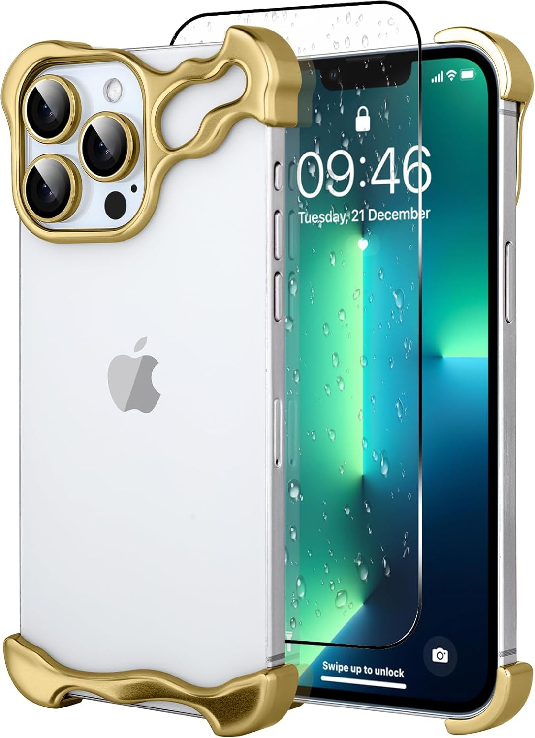 Metal Frameles Phone Case Compatible with iPhone 13 Pro Phone Case, Minimalist Protective, Shock Absorption, Aerospace Grade Aluminum Frameles Shells Screen Protective (Metal Gold)