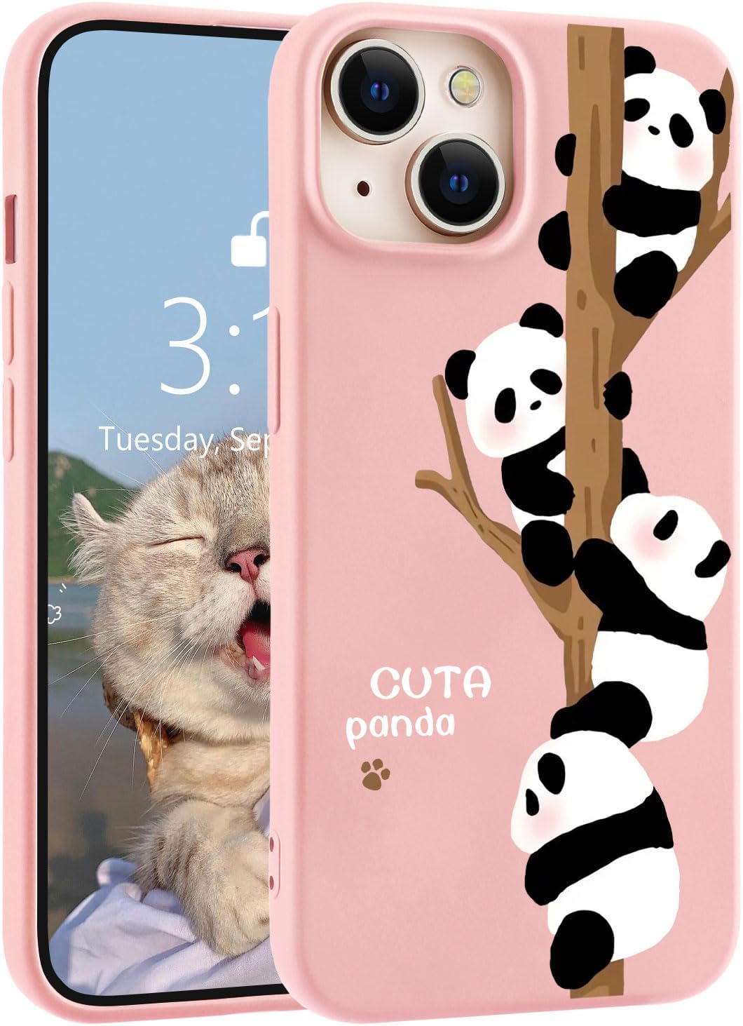 for iPhone 13 Case, Cute Kawaii Panda Pink Liquid Silicone Slim Fit Soft Gel Rubber Protective Phone Cover for Women Girls