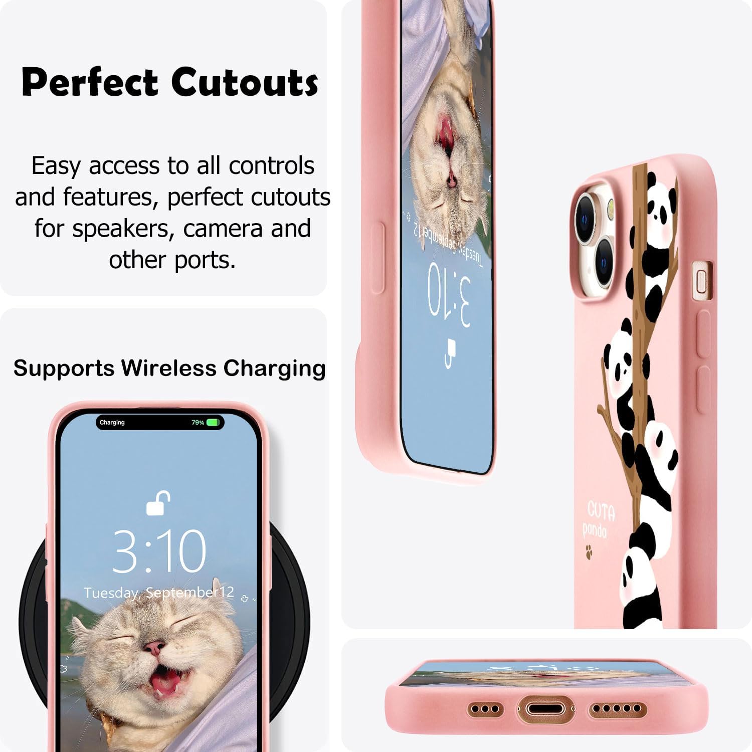 for iPhone 13 Case, Cute Kawaii Panda Pink Liquid Silicone Slim Fit Soft Gel Rubber Protective Phone Cover for Women Girls