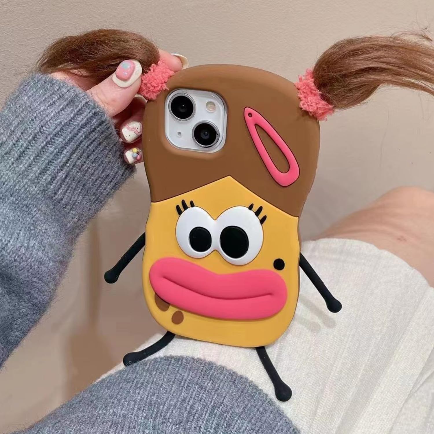 iPhone13 14 15Pro Super Thick Soft Silicone Shell,Ugly Three-Dimensional Big Eyes Sausage Mouth 3D Cartoon Interesting Interesting Cute Fashion Girl Phone Case Multicolor