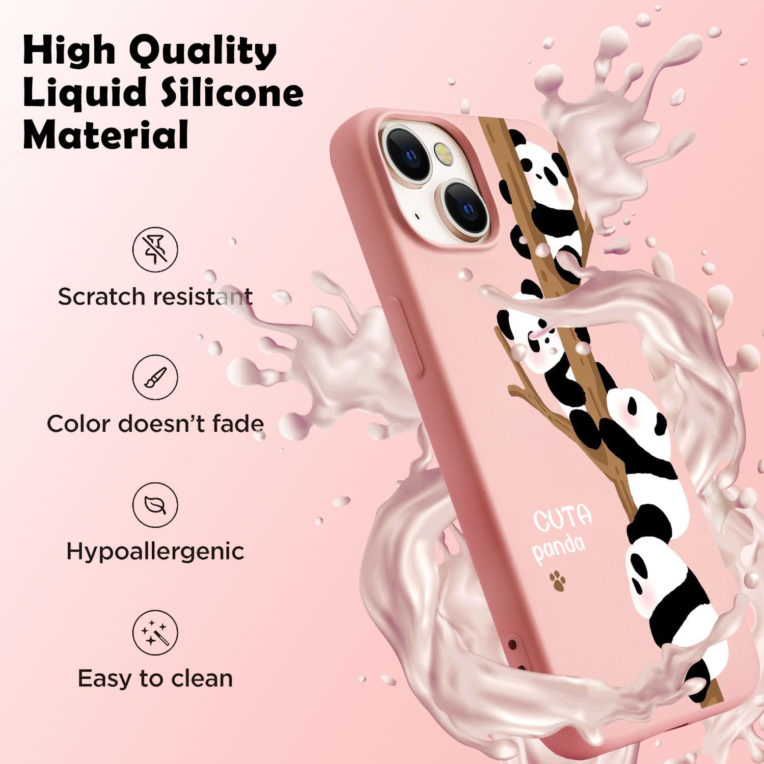 for iPhone 13 Case, Cute Kawaii Panda Pink Liquid Silicone Slim Fit Soft Gel Rubber Protective Phone Cover for Women Girls