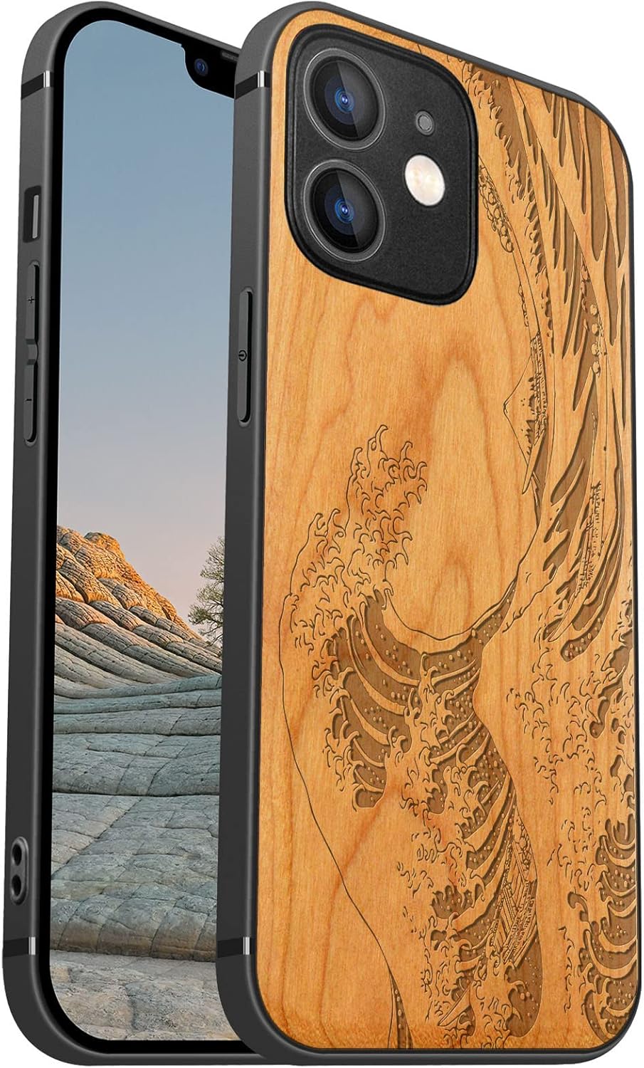 Magnetic Wood Case for iPhone 12 Case [Natural Wood & Soft TPU] Shockproof Protective Cover Unique & Classy Wooden Case Compatible with MagSafe (The Great Wave Off Kanagawa-Blackwood)